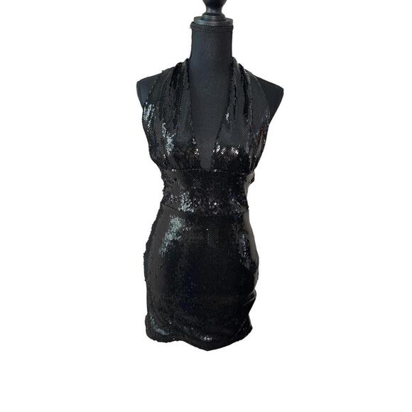Meshki Carleigh Sequin Halter Mini Dress Black Sz XS NWT Plunge Cocktail Formal - Picture 1 of 4
